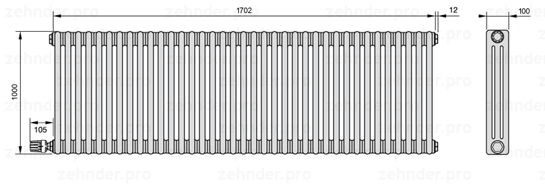 Схема (чертеж) Радиатор Zehnder Charleston 3100/37 №V003 Белый глянцевый RAL 9016
